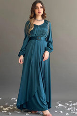 Luxurious soft satin dress with open sleeves, olive color
