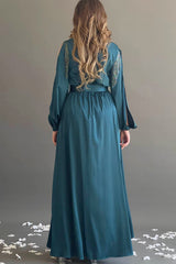 Luxurious soft satin dress with open sleeves, olive color