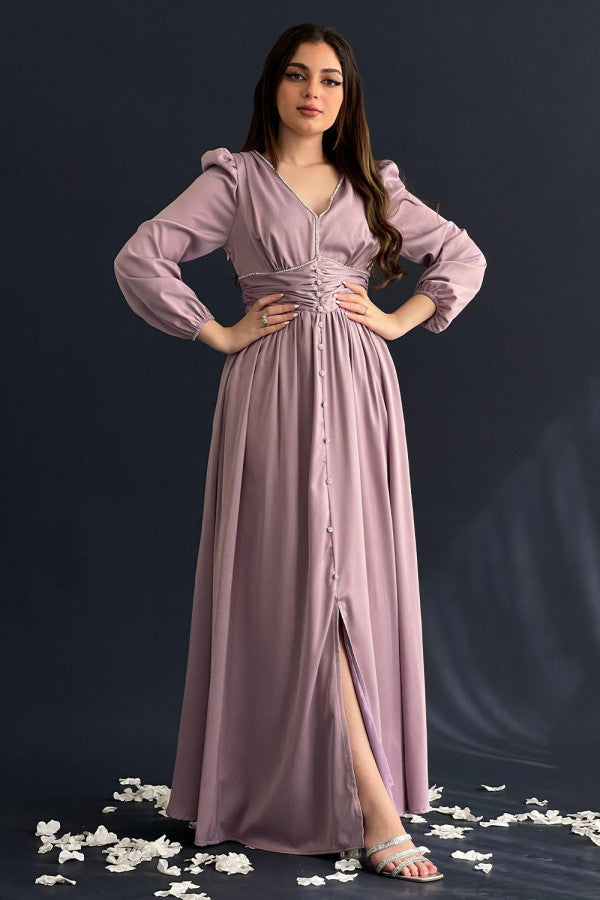 Mauve color silk satin dress decorated with crystals