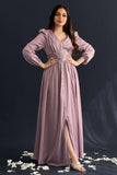 Mauve color silk satin dress decorated with crystals