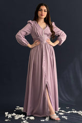 Mauve color silk satin dress decorated with crystals