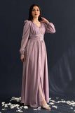 Mauve color silk satin dress decorated with crystals