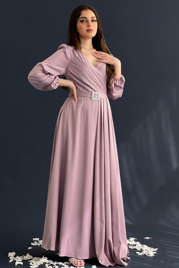 Classic dress with a waist belt, mauve color