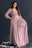 Classic dress with a waist belt, mauve color