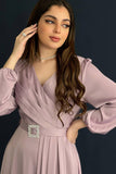 Classic dress with a waist belt, mauve color