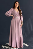 Classic dress with a waist belt, mauve color