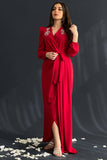 Red embroidered wrap dress