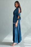 Metallic embroidered dress with open sleeves, turquoise