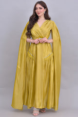 Metallic dress with cape sleeves, camouflage color
