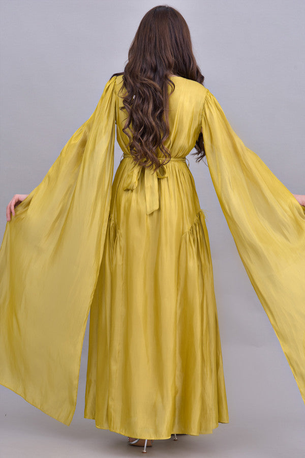 Metallic dress with cape sleeves, camouflage color