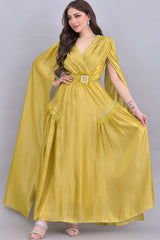 Metallic dress with cape sleeves, camouflage color