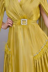 Metallic dress with cape sleeves, camouflage color