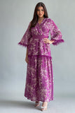 Embroidered maxi dress with mauve feathers