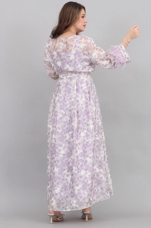 Two-piece dress with a floral coat decorated with feathers and crystals in mauve color 