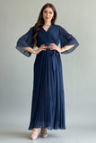 Maxi dress, navy blue, dotted pattern