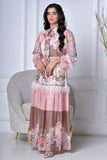 Floral dress with high collar and crystal embroidered drawstring