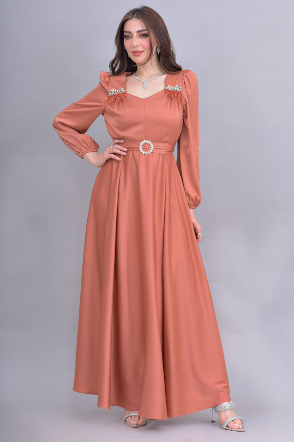 Satin dress with brick-colored crystal embroidered sleeves