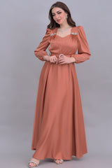 Satin dress with brick-colored crystal embroidered sleeves