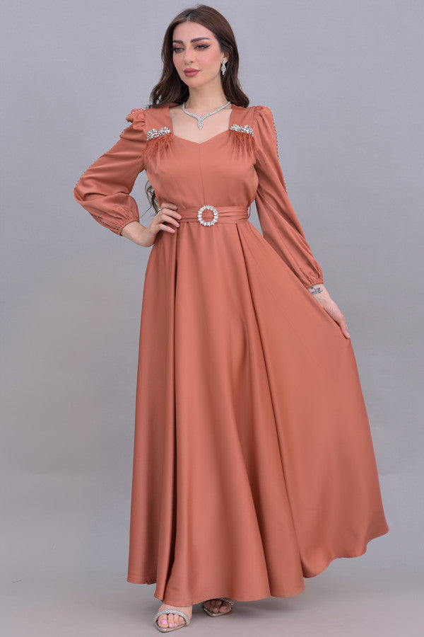 Satin dress with brick-colored crystal embroidered sleeves