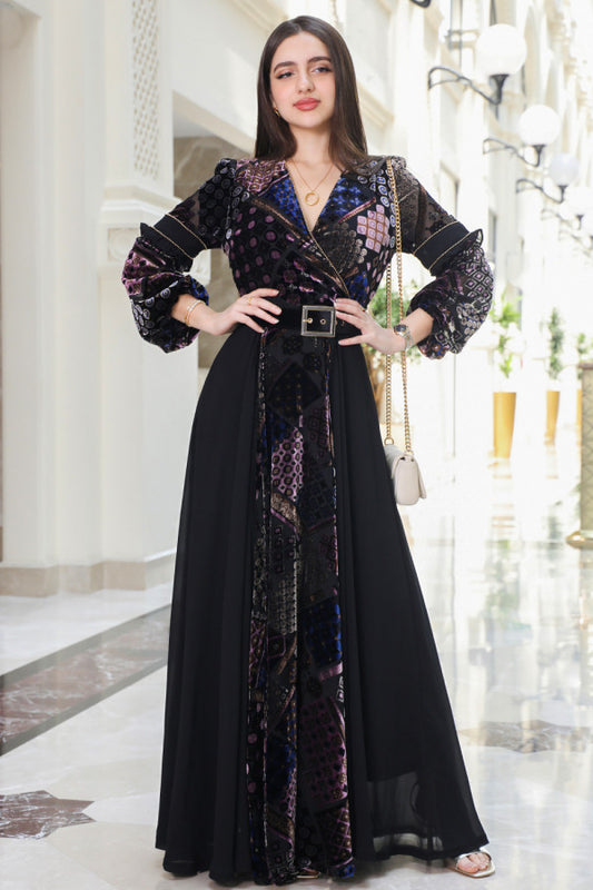 Long velvet chiffon dress with belt 