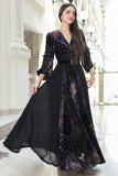 Long velvet chiffon dress with belt 