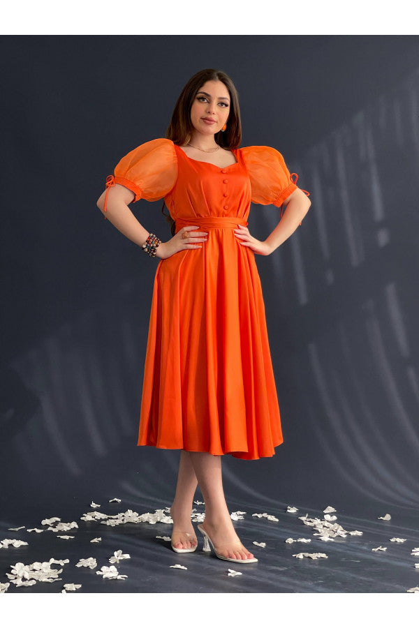 فستان ميد ستان بأزرار على الصدر برتقالي