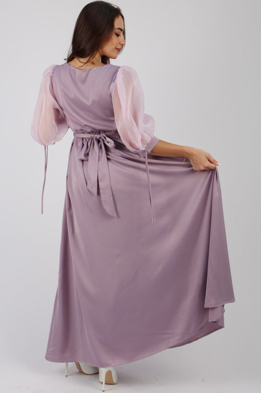 Satin midi dress with crystal embroidery on the chest, mauve color