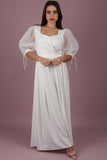 White satin midi dress with crystal embroidery on the chest