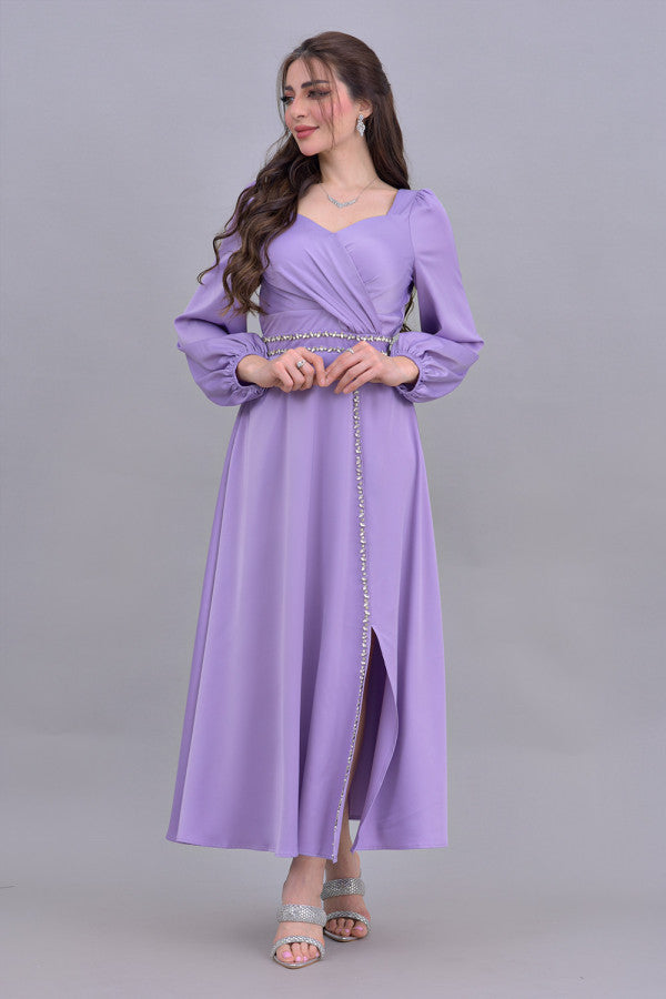 Satin dress embroidered with purple crystals