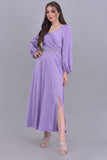 Satin dress embroidered with purple crystals