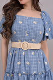 Summer dress with a waist belt, blue