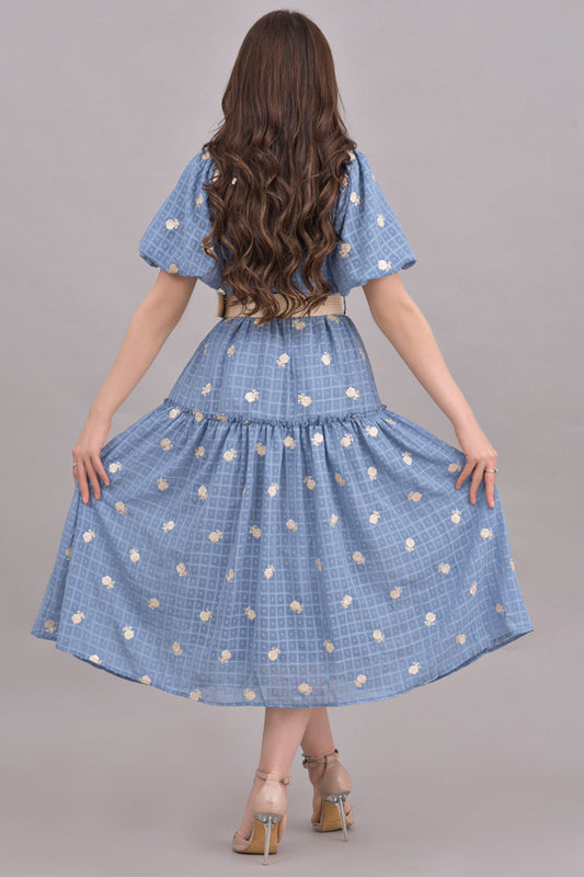 Summer dress with a waist belt, blue