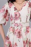 Midi cloche dress with Izhar print with a belt, dark pink