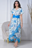 Blue floral wrap dress decorated with fringe