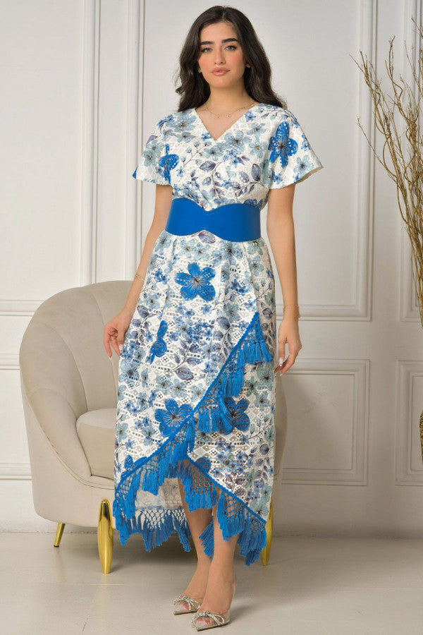 Blue floral wrap dress decorated with fringe