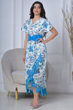 Blue floral wrap dress decorated with fringe