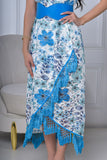 Blue floral wrap dress decorated with fringe