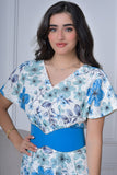 Blue floral wrap dress decorated with fringe