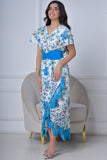 Blue floral wrap dress decorated with fringe