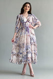 Classic dress with floral crochet design, mauve color