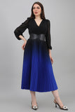 Wavy velvet dress with belt, black with indigo