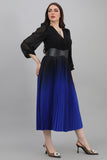 Wavy velvet dress with belt, black with indigo