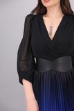 Wavy velvet dress with belt, black with indigo