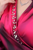 Midi dress with a tie at the waist, decorated with fringes and crystals, fuchsia color