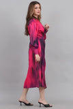 Midi dress with a tie at the waist, decorated with fringes and crystals, fuchsia color