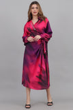 Midi dress with a tie at the waist, decorated with fringes and crystals, fuchsia color