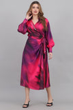 Midi dress with a tie at the waist, decorated with fringes and crystals, fuchsia color