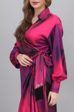 Midi dress with a tie at the waist, decorated with fringes and crystals, fuchsia color