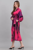 Midi dress with a tie at the waist, decorated with fringes and crystals, fuchsia color