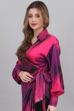 Midi dress with a tie at the waist, decorated with fringes and crystals, fuchsia color